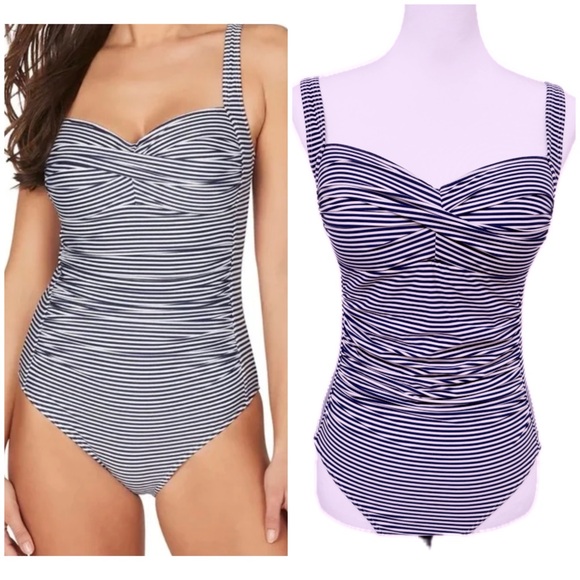 NipTuck Swim slimming navy white‎ nautical stripes one piece swimsuit size 8 - Picture 1 of 15